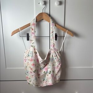 Abercrombie & Fitch Cream Floral Cropped Halter Top with Pink & Green Accents